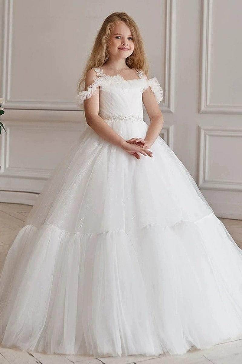 A-Line Off The Shoulder Neck Tulle Maxi Flower Girl Dresses 736522892717 - COCOMELODY